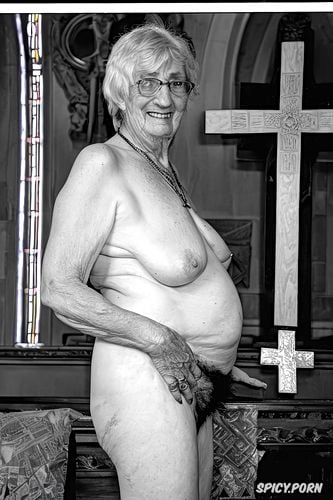 hollow sunken wrinkled belly, shaved dry pussy, real old wrinkled granny