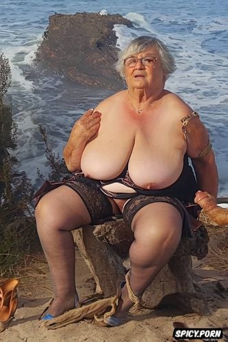 the fat grandmother has nude pussy under her skirt