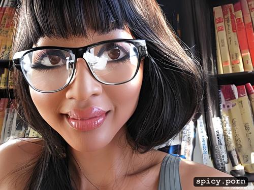 library, black hair, glasses, gorgeous face, japanese woman
