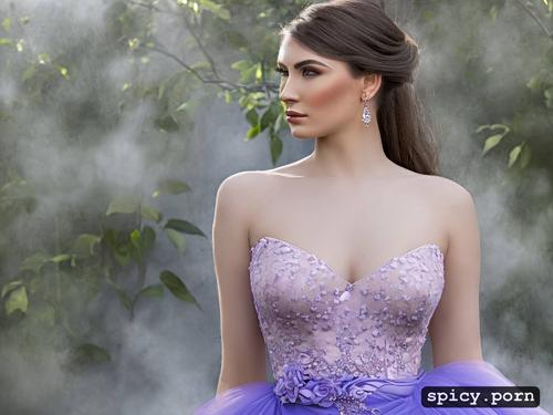 elegant, portrait of a beautiful woman wearing a vaporous lilac soft tulle dress
