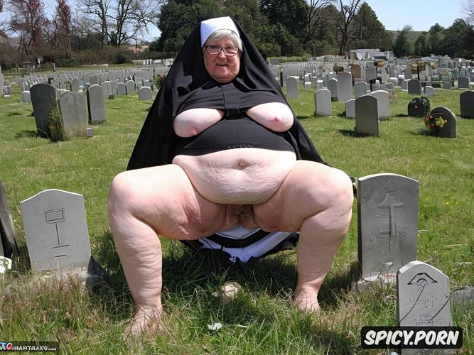 insane, grave with headstone in a cemetery, nun dressed, big piss
