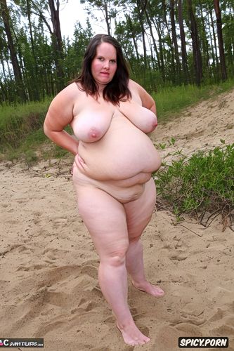 pear shaped figure, flabby belly, thick rolls of belly fat, sandy beach