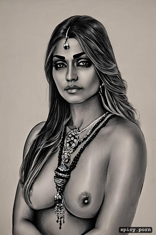 naked, indian goddess, straight face towards camera, mole under lip
