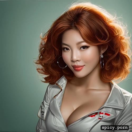 skinny body, korean lady, ginger hair, happy face, nurse, precise lineart