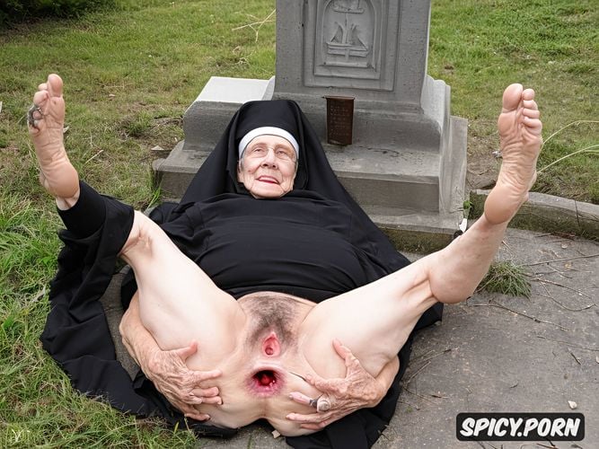 ninety, very old granny, point of view, cemetery, catholic nun in black habit