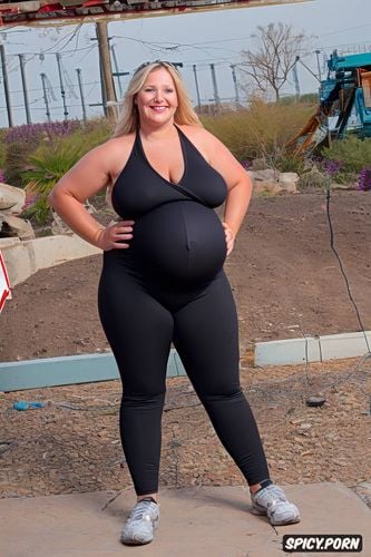 spandex yoga suit, detailed face, smiling at camera, huge round pregnant belly
