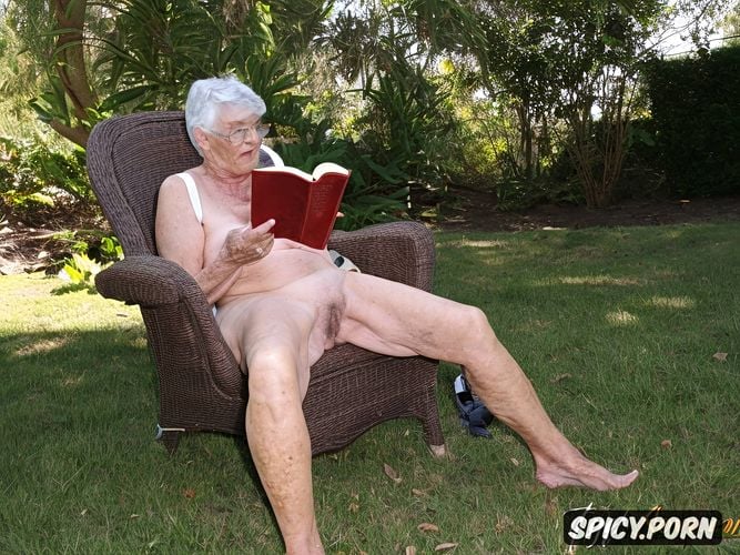 the man who is siting under her has a dick, totally naked granny is reading a novel while sitting on a dick