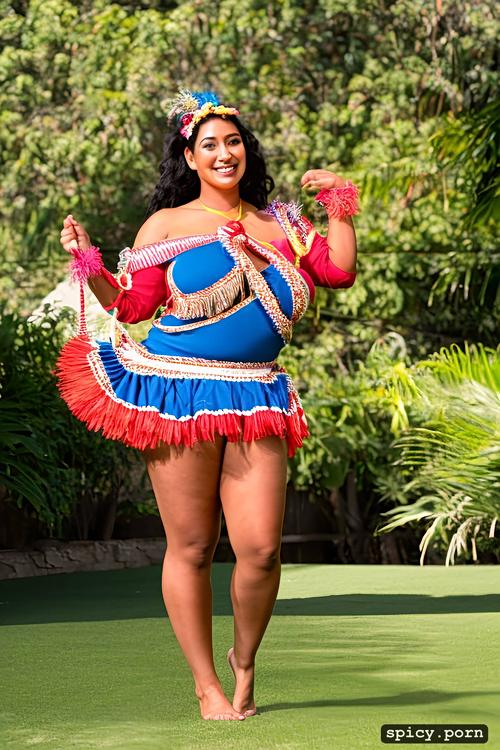 flawless smiling face, 22 yo beautiful tahitian dancer, intricate beautiful hula dancing costume