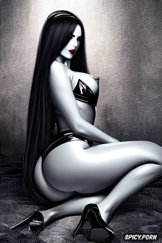 shiny, seducing, pale soft skin, black voidless eyes, black long claw nails