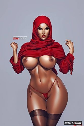 flawless anatomy, totally naked in only red hijab and nothing else