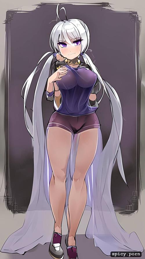 white hair, purple eyes, 91tdnepcwrer, 3dt, short shorts, hy1ac9ok2rqr