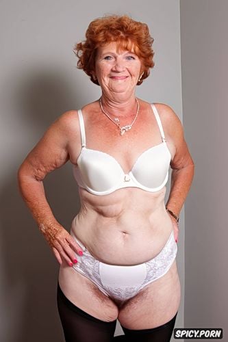 fit granny year old in white retro underwear, beige pantyhose