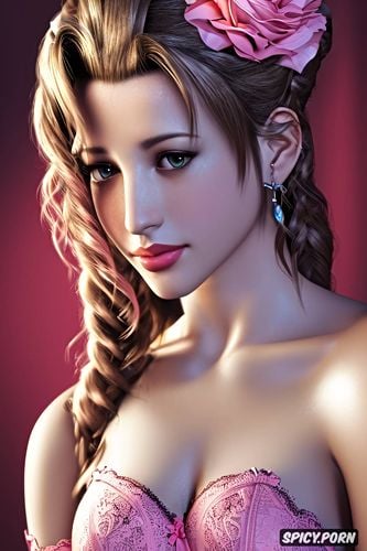 masterpiece, aerith gainsborough final fantasy sheer low cut erotic pink lace lingerie pink lace stockings beautiful face portrait