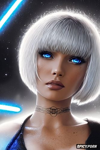 high resolution, ultra detailed, the last handmaid star wars knights of the old republic ii the sith lords beautiful face young slutty black jedi robes pale skin blue eyes short white pixie cut hair with two thin braids small perky natural breasts