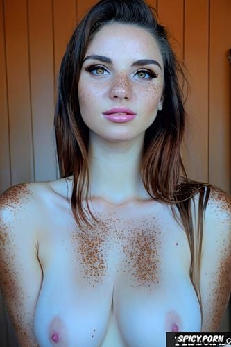 looking upwards, light freckles, bangs, masterpiece, huge tits
