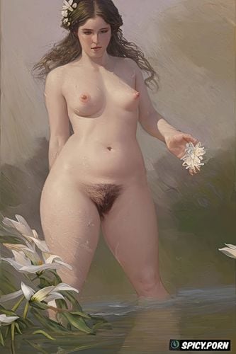 flat chest beautiful teen white women with a white lily in her right hand