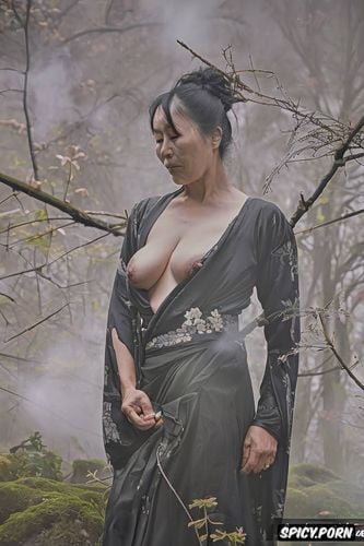 droopy old tits, torn kimono, lifting one knee, steam, small perky breasts