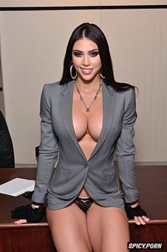 unbuttoned blazer, showing off muscles, lace mini thong, inciting