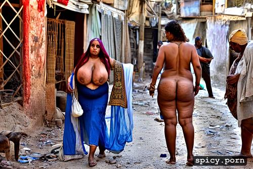 wide hips, massive boobs, massive belly, filthy, walking in dirty slum with many beggars