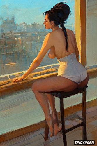 background city in myst, impressionist portrait, ilya repin painting woman 25 years old sitting on stool in kitchen and looking outside of window