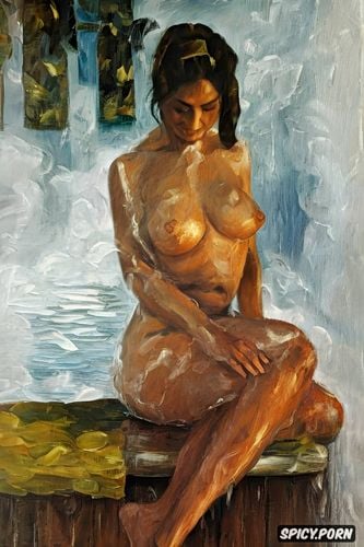 long torso, very long neck, taking a bath, cézanne oil painting