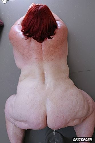 rear view, squatting, white granny, pastel colors, naked, hyperrealistic pregnant pissing muscular thighs red bobcut haircut tanned