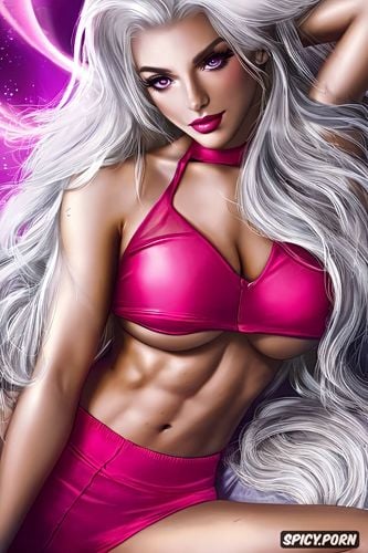 seductive face, small breast, pink clothes, muscular abs, crop top