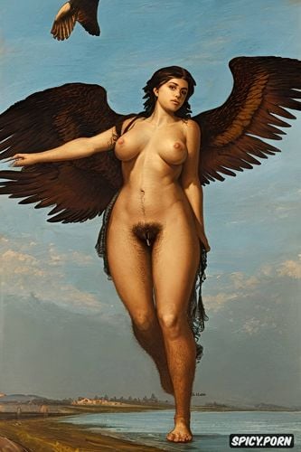 henri gervex, angel flying in the sky, flat breast full body shot