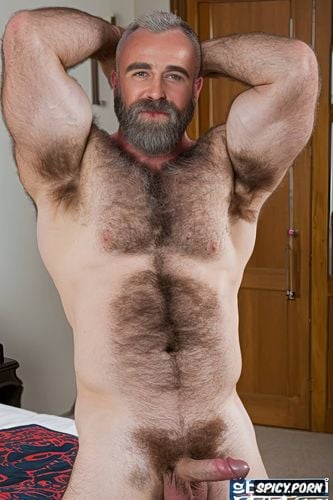 solo hairy gay muscular old man with a big dick showing full body and perfect face beard showing hairy armpits indoors beefy body