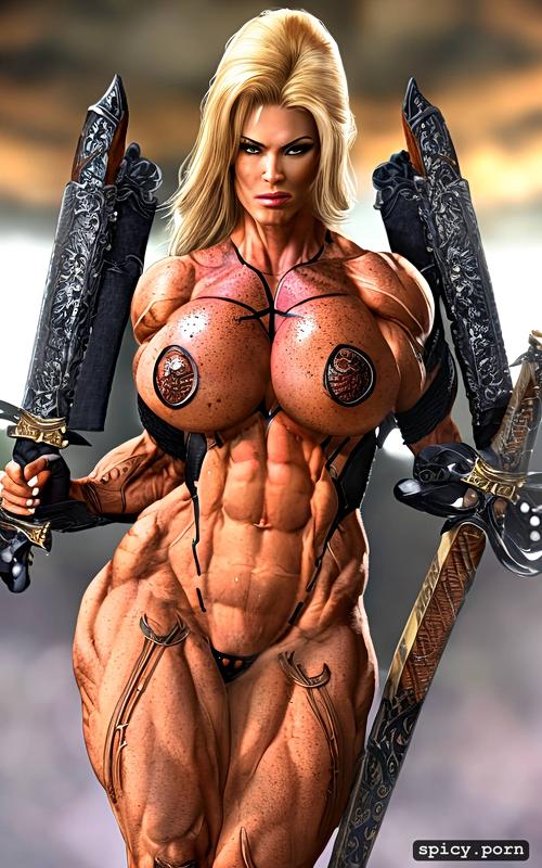 female strenght, cry, 8k, scar, nude muscle woman, protecting weak little woman