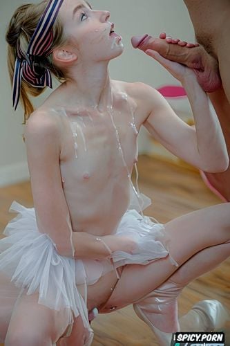 cute hair in twintails, puffy pussy, in the backstage greenroom while other ballerinas watch