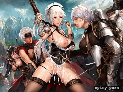 spitroast gangbang by multiple male, short white hair ripped armor maid from beautiful female