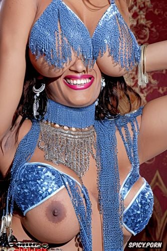 traditional two piece belly dance costume, smiling, gorgeous busty voluptuous belly dancer