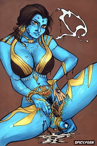 blue skin, she has erect detailed blue dick, lesbian, kali, upset expression