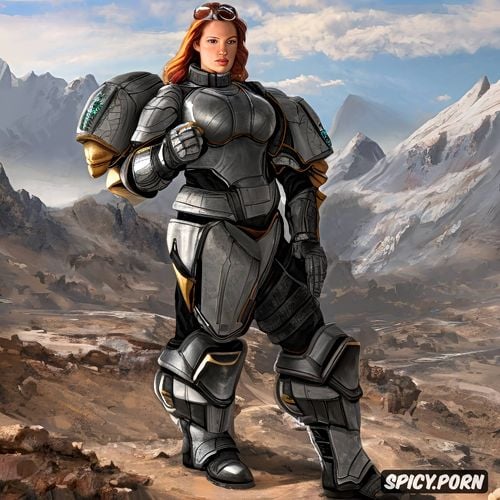in full coverage suit of massive powered armor, sexy lady, sci fi female warrior