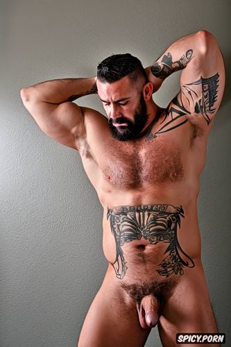 hombre adulto años musculoso atletico desnudo completamente en habitación de pie brazos gruesos tatuados pene efecto xxl y grandes bolas longes superior musculoso ultra realista