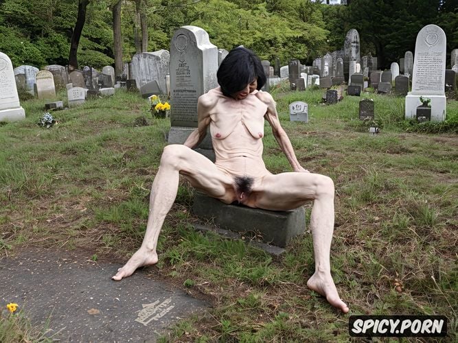 much dark hair on legs, bony, cemetery, ninety, showing armpits