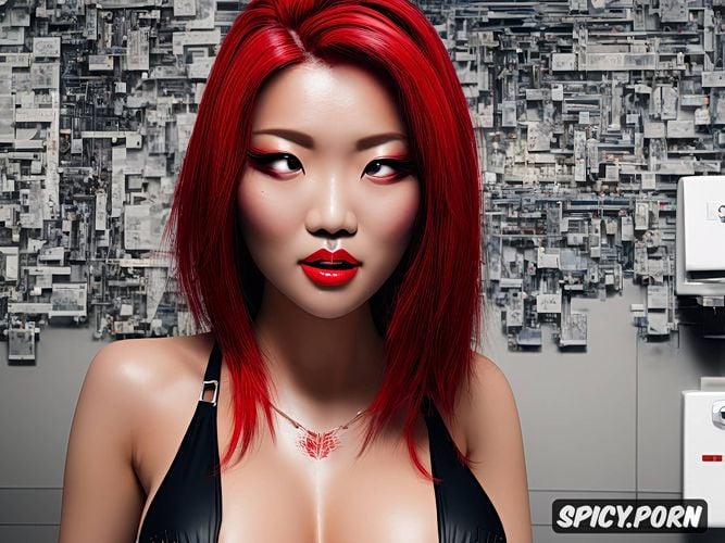 asian lady, red hair, tiny breasts, dildo, intricate hair, vibrant