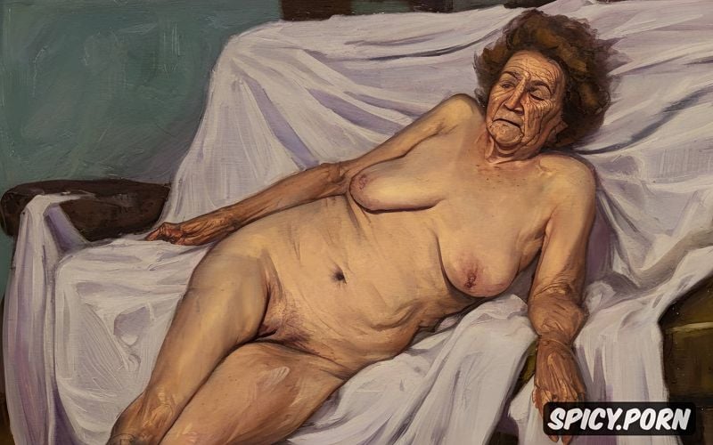 nude, appalachian granny, small flat empty saggy breasts, fupa