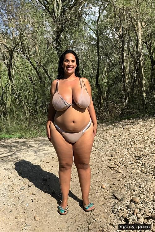 38 yo, full front view, solo, hour glass figure, very massive natural melons exposed