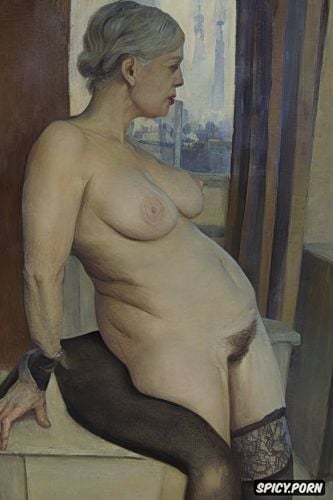 paul gauguin, bony fingers spreading asshole, hospital bed, black lace stockings