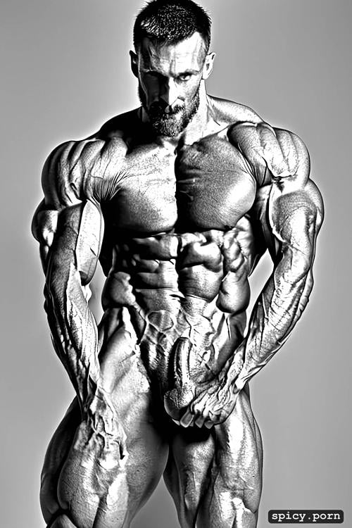 masculine, grey man, veiny, massive miscular torso chest, squatting