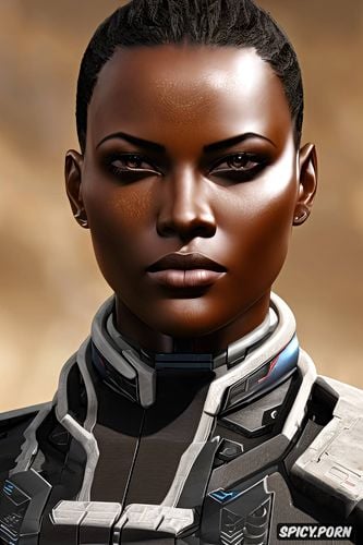 masterpiece, k shot on canon dslr, ultra detailed, commander shepard mass effect beautiful face dark ebony skin short close cropped black hair soft brown eyes tight military officer uniform