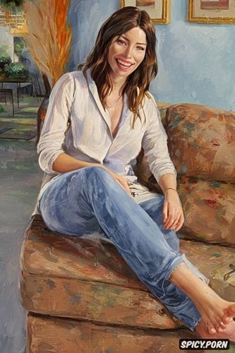 looking down, american, jessica biel, woman watching television with her husband and teenager