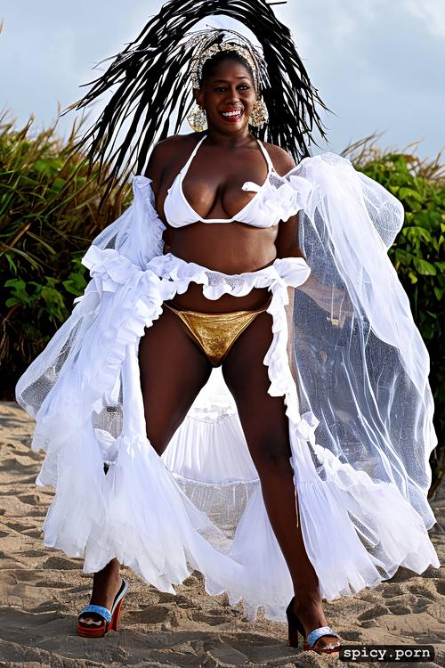 giant hanging tits, color portrait, beautiful smiling face, 51 yo beautiful white caribbean carnival dancer