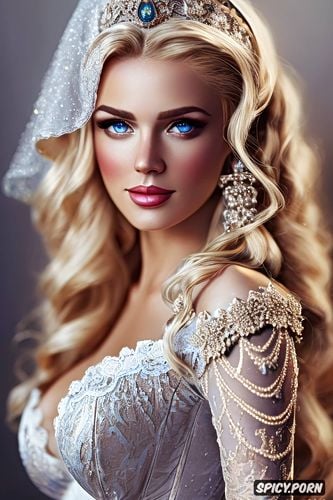 flowing low cut white lace ballgown, high cheekbones, gold and silver tiara