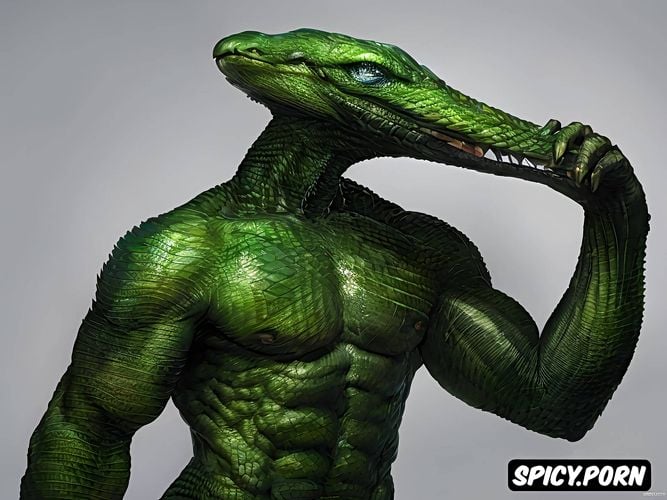 with scaly green skin, a visually stunning rpg character reference sheet featuring a unique and fascinating humanoid alien species the creature has physical traits resembling a cobra