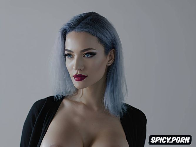 big boobs, fit body, makeup, featureless gray background, black lady