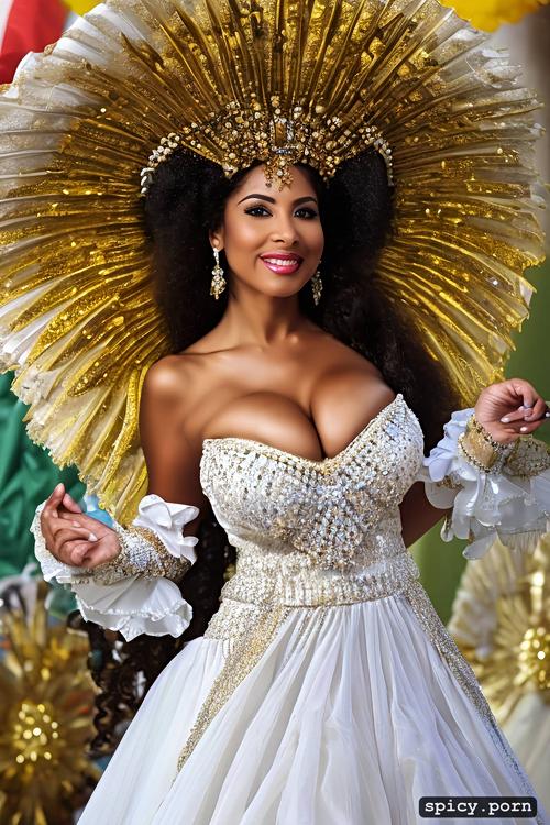 intricate beautiful dancing costume, 68 yo beautiful white caribbean carnival dancer