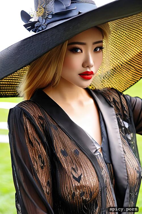 blonde hair, glossy red lips, beautiful chinese woman, tender smile